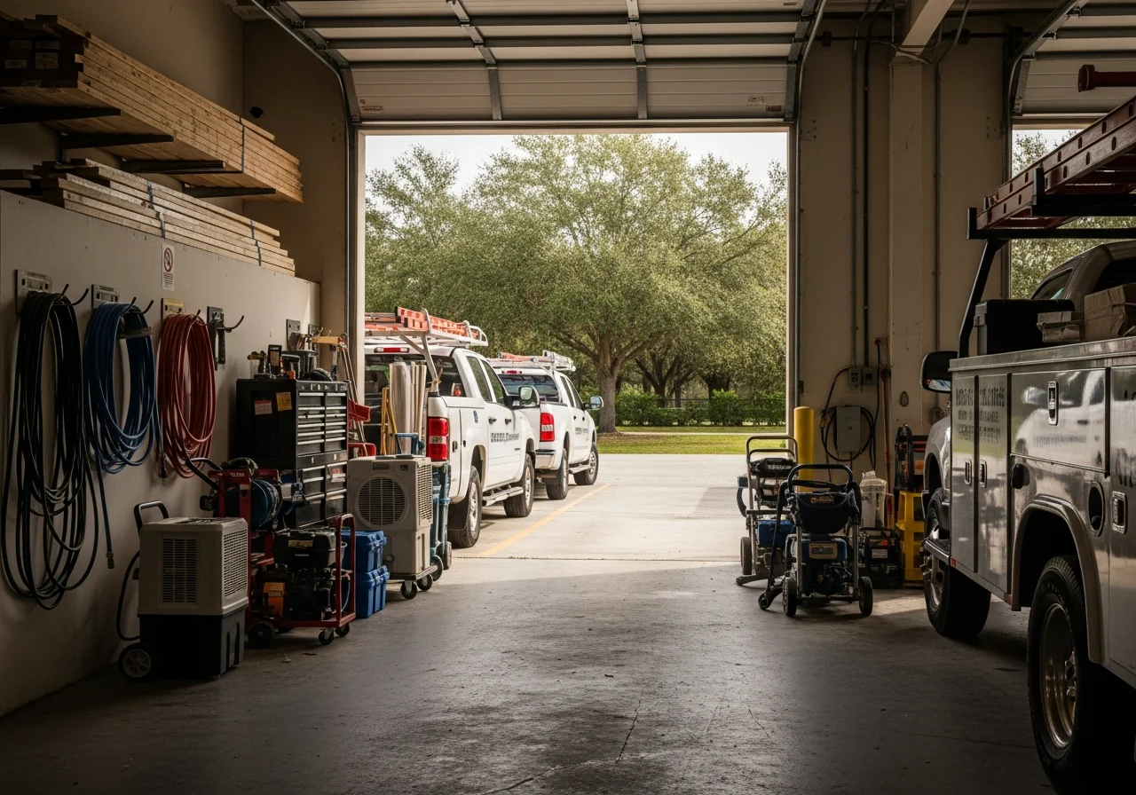 Professional contractor crew with tools and equipment ready for residential construction and restoration work.