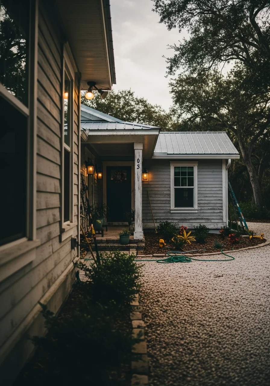 Hudson home exterior with coastal landscaping and weathered finishes reflecting the area's Gulf Coast character.