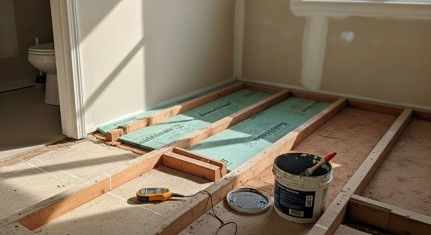 Newly installed moisture-resistant bathroom floor in a Land O Lakes single-family home, showing clean tile layout with tight grout lines and a dry, finished surface. Go Pro Services flooring installation in a Pasco County residential bathroom.