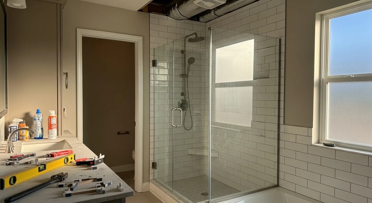 Finished bathroom remodel in a Land O Lakes, FL home showing a walk-in tile shower, updated vanity, and modern fixtures. Clean, moisture-resistant finishes suited to the Florida climate.