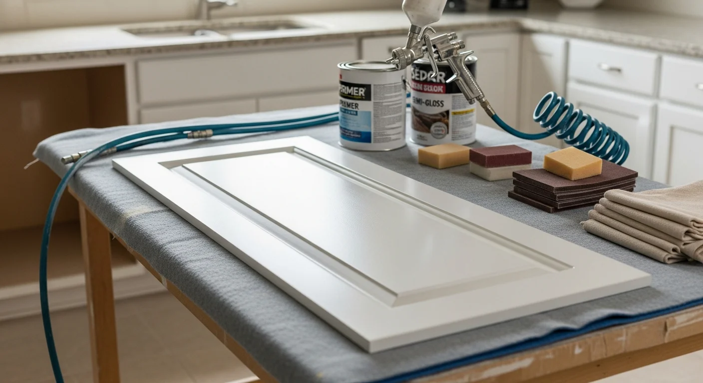Freshly painted white kitchen cabinets with reinstalled hardware in a Land O Lakes home. Cabinet doors and drawer fronts show a smooth, even finish with no brush marks.