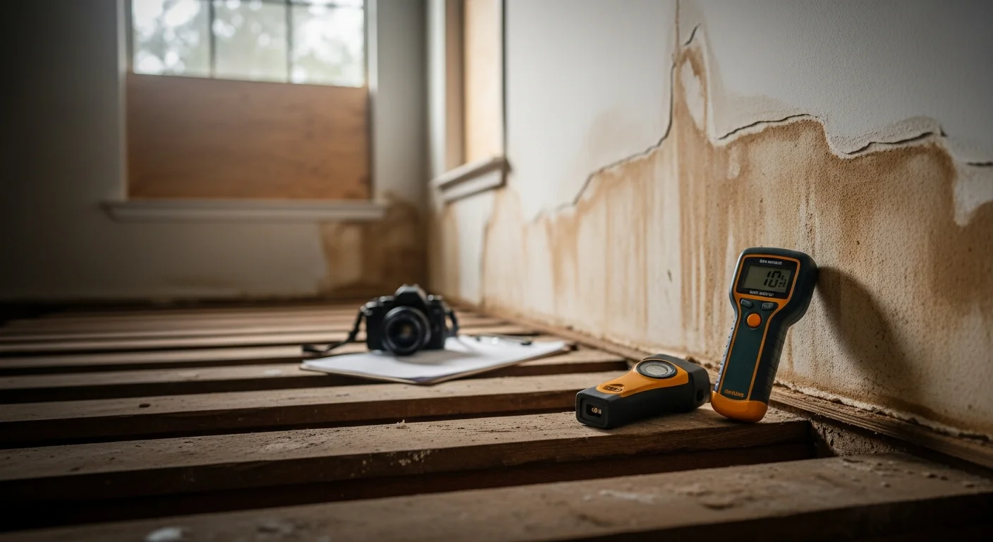 A water damage restoration technician using a moisture meter on a drywall surface inside a Land O Lakes home after storm flooding. The reading device displays elevated moisture levels near the baseboard of an interior wall.