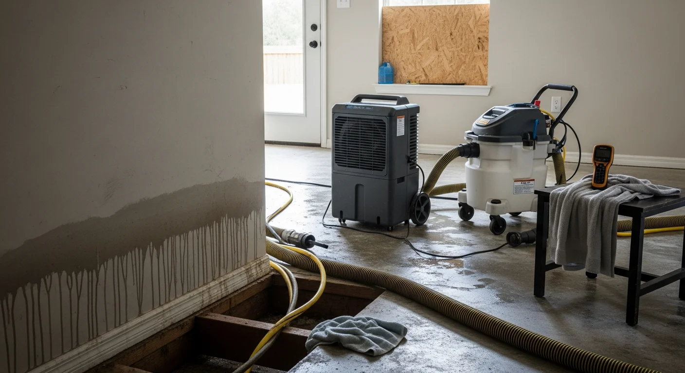 A Land O Lakes living room showing water extraction equipment removing standing water from saturated flooring after storm flooding. Industrial air movers and dehumidifiers are staged along the walls during the structural drying phase.