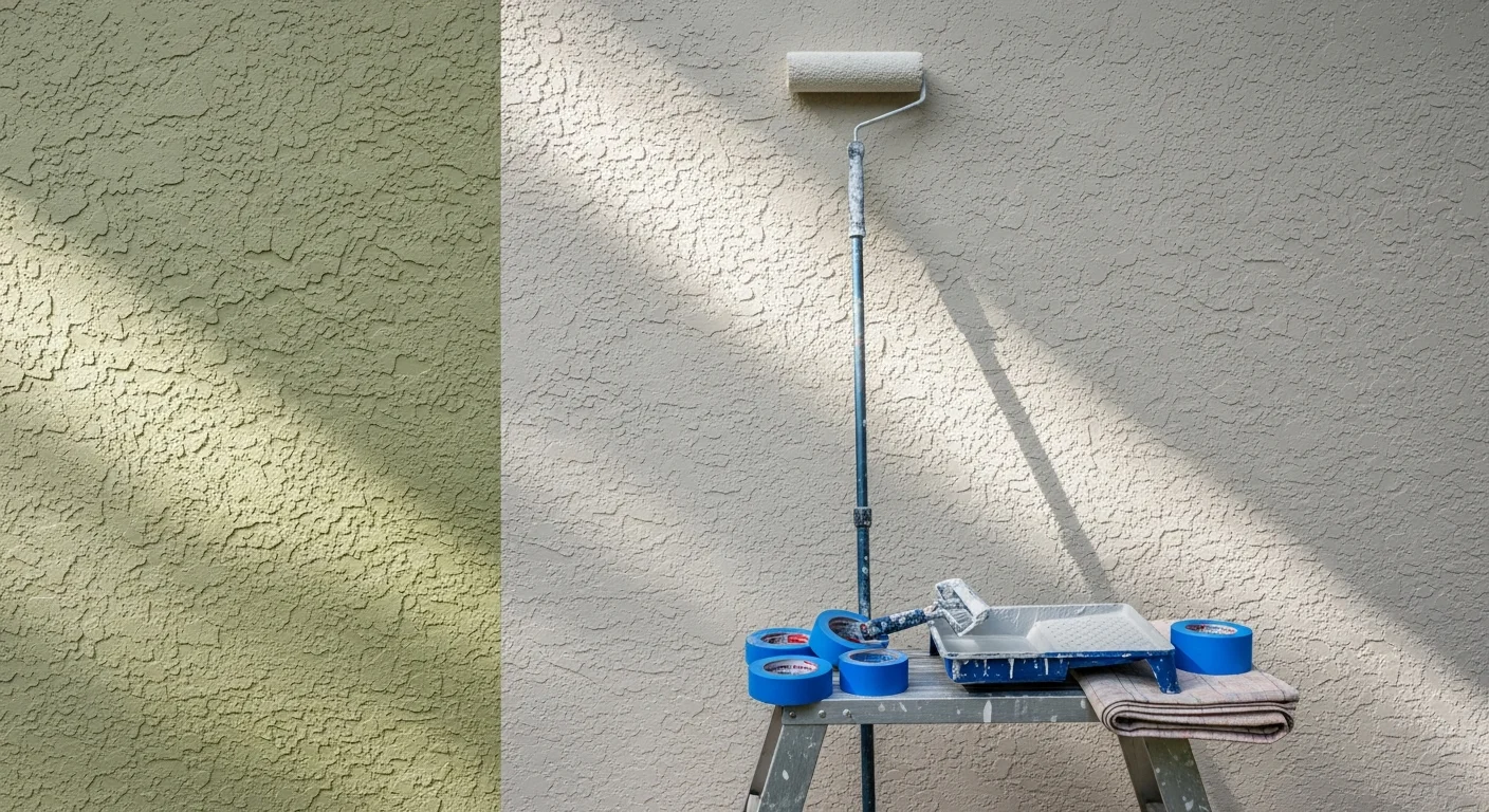 A freshly painted single-family stucco home exterior in Land O Lakes, FL, with clean trim lines and no visible fading or mildew. Go Pro Services exterior painting work on a residential property in Pasco County.