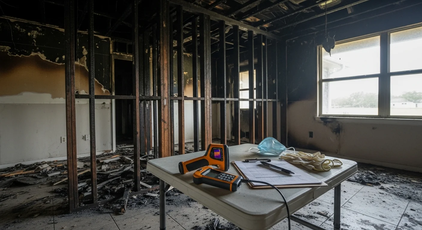 Interior of a Land O Lakes single-family home showing fire and smoke damage to kitchen walls and ceiling, with restoration equipment staged for debris removal and soot cleaning.