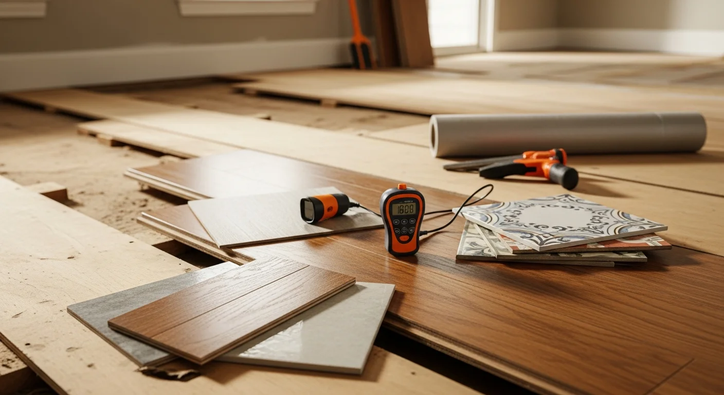 Freshly installed flooring in a Land O Lakes, FL home showing clean plank rows extending across an open living area. A Go Pro Services installer works near the room's edge, fitting the final row against the baseboard.