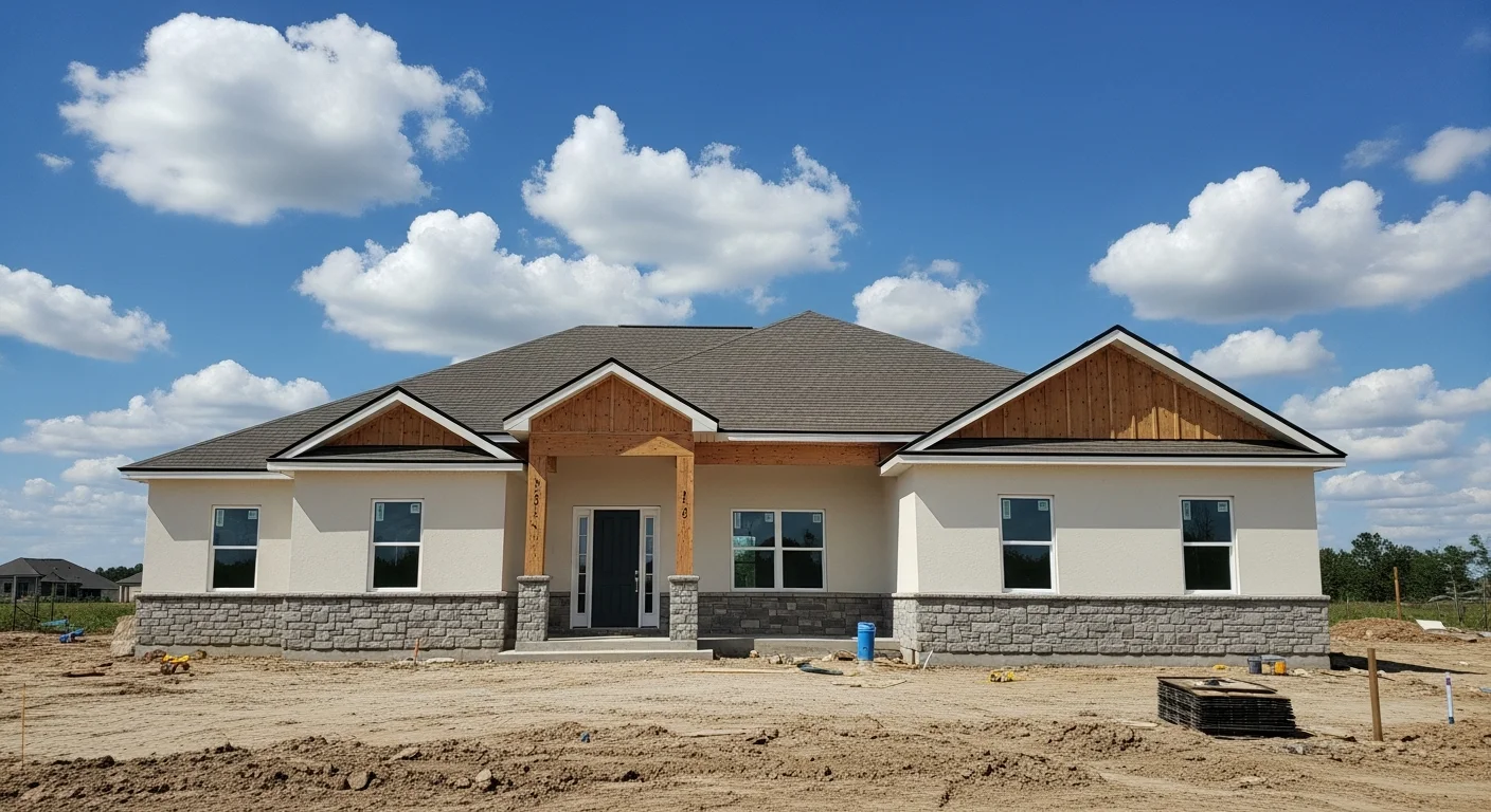 A newly completed single-story home addition in a Land O Lakes, Florida subdivision, showing a seamless roofline tie-in and matching exterior finish on a residential lot. The addition extends the rear of the home with a large window and freshly painted facade consistent with the surrounding neighborhood.