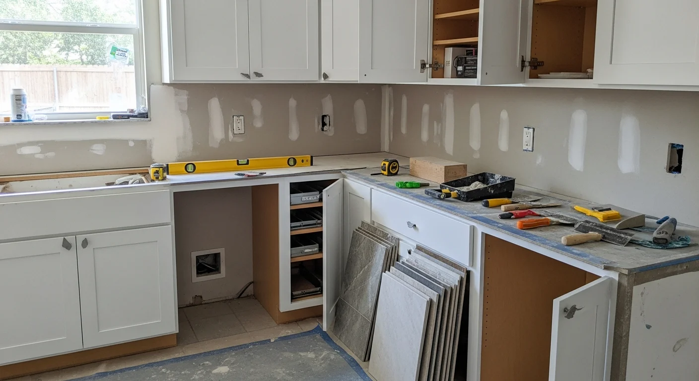 A renovated open-concept kitchen and living area inside a Land O Lakes home, showing updated cabinetry, flooring, and natural light from large windows. The finished interior reflects a full home renovation completed by a general contractor in Pasco County, Florida.