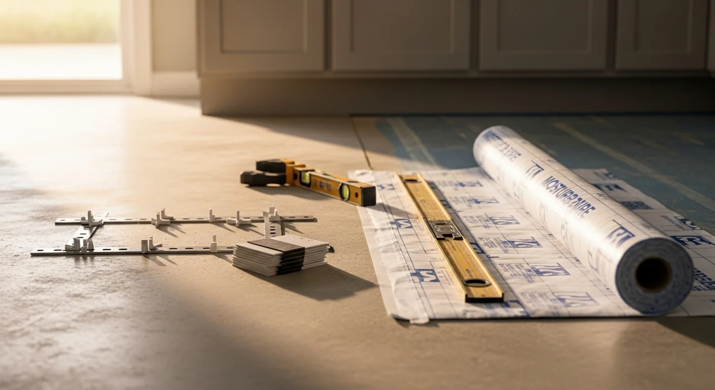 Newly installed kitchen flooring in a Land O Lakes single-family home, showing a clean finished surface meeting the base of kitchen cabinets with tight, even seams. A Go Pro Services installer works near the transition edge between the kitchen and an adjoining room.