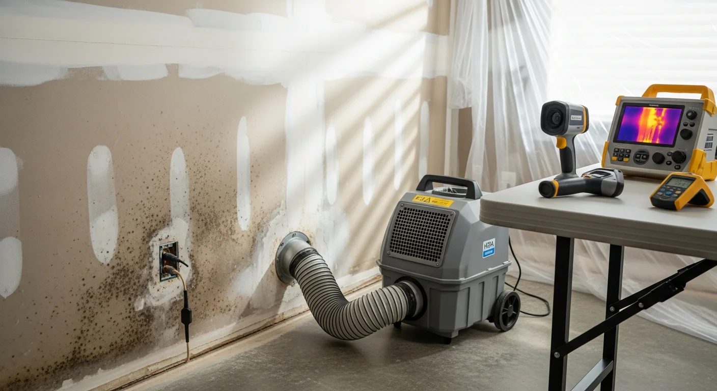 A Go Pro Services technician in protective gear removing mold-damaged drywall inside a Land O Lakes, FL home. Containment plastic sheeting is visible across the doorway of the affected room.