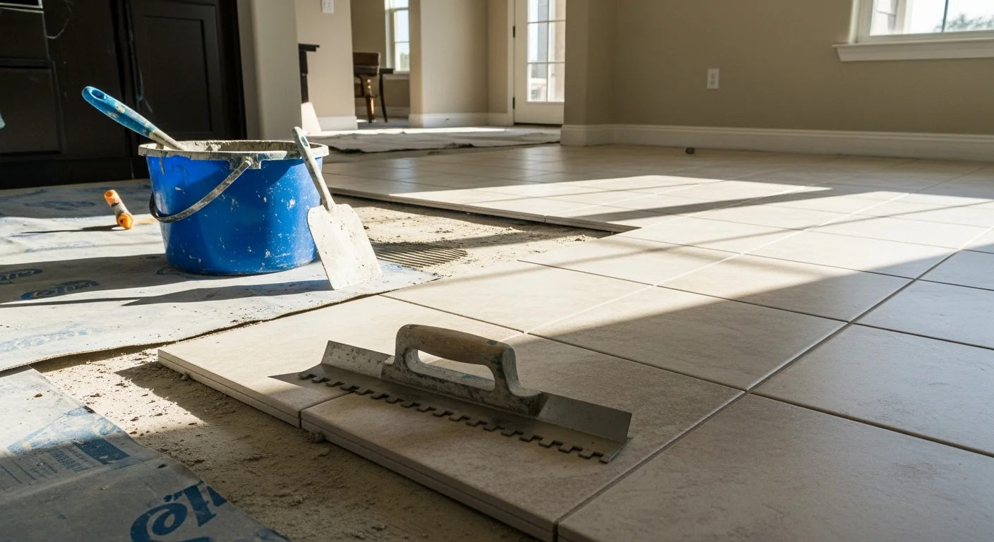 Freshly installed tile floor in a kitchen of a single-family home in Land O Lakes, Florida, showing clean grout lines and a smooth, level surface. The tile extends from the entryway into the main cooking area, reflecting natural light from a nearby window.