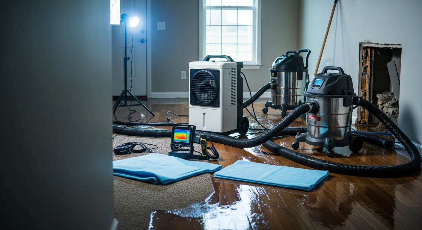A Go Pro Services technician using extraction equipment to remove standing water from a flooded living room floor in a Land O Lakes, FL home. Industrial drying equipment is staged near water-damaged baseboards and drywall.